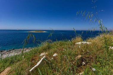 Istria Kamenjak Yarımadası. Güzel plajlar. Vahşi doğanın içine atlamak için yüksek uçurumlar.