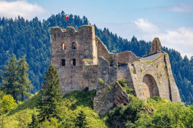 Czorsztyn 'de göl kenarındaki şatonun kalıntıları, turistik eğlence merkezi, Polonya' daki Instagram merkezi.