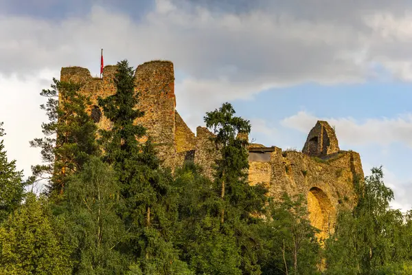 Czorsztyn 'de göl kenarındaki şatonun kalıntıları, turistik eğlence merkezi, Polonya' daki Instagram merkezi.