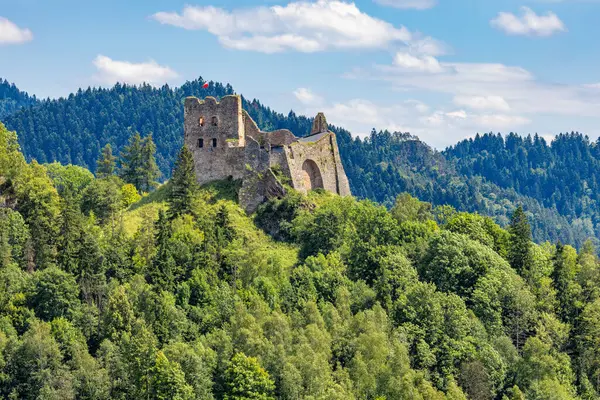 Czorsztyn 'de göl kenarındaki şatonun kalıntıları, turistik eğlence merkezi, Polonya' daki Instagram merkezi.