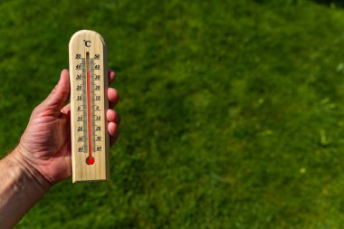 Bir adam bahçede elinde ahşap bir termometre tutuyor. Bu da çok yüksek sıcaklığa işaret ediyor. Isıya karşı koruma.