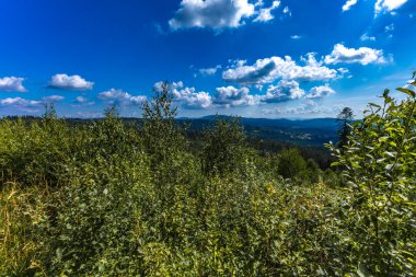 Beskids 'taki bisiklet yolları, dağ manzarası, yüksek ağaçlar, dik dağ tırmanışları.