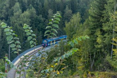 Tren, dağlardaki tren istasyonundan eski bir köprünün üzerinden geçiyor.