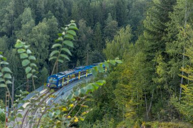 Tren, dağlardaki tren istasyonundan eski bir köprünün üzerinden geçiyor.