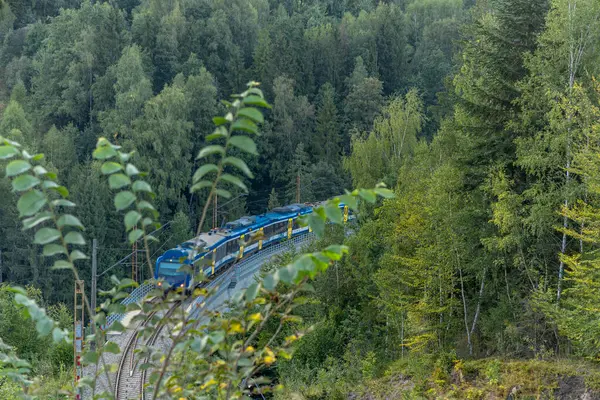 stock image The train leaving the railway station in the mountains passes over an old bridge