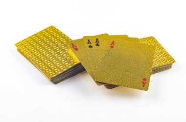 Gold colored poker playing cards, deck of cards on white background, gold card clipart