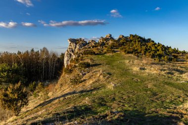 Towarne Dağları, Olsztyn 'deki şatonun etrafındaki alan, mavi pınara karşı dağların manzarası.