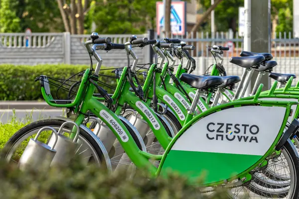 Czestochowa, Silezya Voyvoda, Polonya - 7 Mayıs 2025 Şehir Bisiklet Kiralama, bisiklet parkı