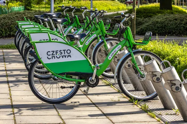 Czestochowa, Silezya Voyvoda, Polonya - 7 Mayıs 2025 Şehir Bisiklet Kiralama, bisiklet parkı
