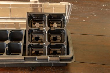 Kalıp tohumları için plastik kaplar, nakil tesisleri, topraklı plastik tencereler.