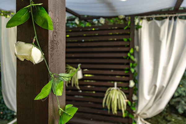 Construction of a wooden garden gazebo, a wooden pergola with white curtains, a relaxation area with a rope swing, a Brazilian hammock on the terrac