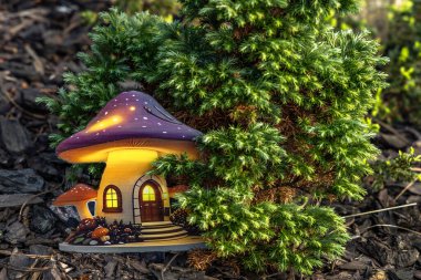 Bahçeye gizlenmiş elfler için küçük renkli bir ev, Baba Yaga 'nın evi, bahçe süslemeleri, evdeki bahçenin dekorasyonu.