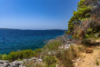 Hırvatistan 'ın Ciovo adasının kıyısındaki Vela i Mala Draga plajına giden yol