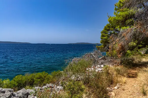 Hırvatistan 'ın Ciovo adasının kıyısındaki Vela i Mala Draga plajına giden yol
