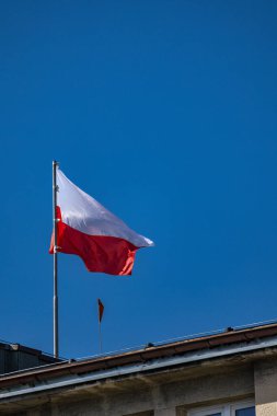 Polonya Cumhuriyeti 'nin ulusal bayrağı bir kamu binasının çatısında dalgalanan beyaz ve kırmızı bayrak