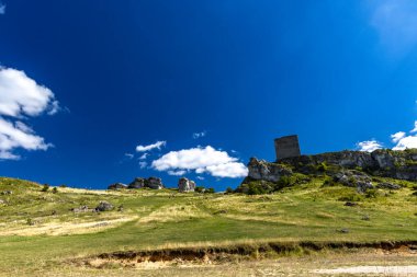 Czestochowa, Polonya - 17 Ağustos 2025 - Olsztyn 'deki şatonun kalıntıları, turistik bir yer, turistik bir kale