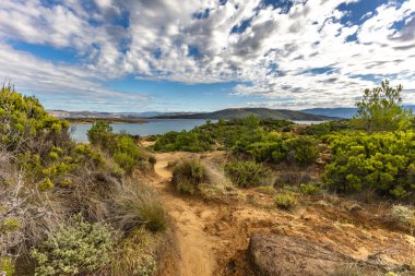 Engebeli kayalık zemin, yeşil çalılar, çam ağaçları ve dağınık bulutlu dramatik bir gökyüzü altında vahşi bitki örtüsü barındıran Akdeniz manzarasının güzel panoramik manzarası. Sahne sakin mavi bir denize bakıyor. Uzakta dağlar var.