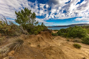 Engebeli kayalık zemin, yeşil çalılar, çam ağaçları ve dağınık bulutlu dramatik bir gökyüzü altında vahşi bitki örtüsü barındıran Akdeniz manzarasının güzel panoramik manzarası. Sahne sakin mavi bir denize bakıyor. Uzakta dağlar var.
