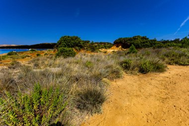 Engebeli kayalık zemin, yeşil çalılar, çam ağaçları ve dağınık bulutlu dramatik bir gökyüzü altında vahşi bitki örtüsü barındıran Akdeniz manzarasının güzel panoramik manzarası. Sahne sakin mavi bir denize bakıyor. Uzakta dağlar var.