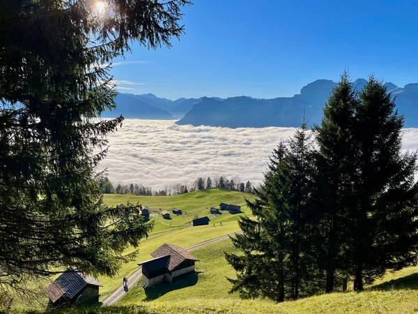 背景にTriesenberg リヒテンシュタイン 霧ライン渓谷の木造小屋の空中ビュー 高品質の写真 — ストック写真