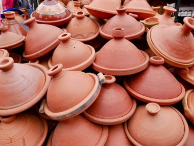 Earthenware tajine pots for sale in souk of Marrakech, Morocco. High quality photo