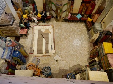 Aerial view of rug shop Les Nomades de Marrakech in Medina of Marrakech, Morocco, 10.02.2023. High quality photo