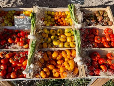 Fransa 'nın Aix en Provence kentindeki yerel çiftçi pazarında indirimde olan renkli domates çeşitleri. Yüksek kalite fotoğraf