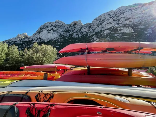 Kayaks Colorés Dans Parc National Des Calanques Sormiou Calanque Provence — Photo