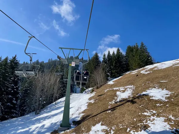 No snow on skiing slopes in winter due to climate change. . High quality photo