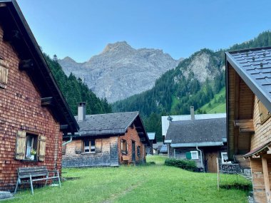 Panoramic view of wooden huts in Nenzinger Himmel. Vorarlberg, Austria. High quality photo