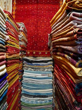 Pile of colorful Berber Carpets in Marrakech, Morocco. High quality photo