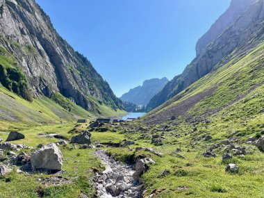 Panoramic view of Faehlensee and Fahlenalp in Alpstein, Appenzell, Switzerland. High quality photo clipart