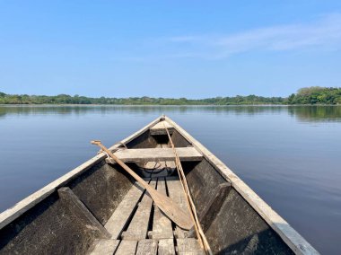 Tahta kanonun önünde Tarapoto Gölü 'nde, Amazon, Kolombiya' da kürek çek. Yüksek kalite fotoğraf