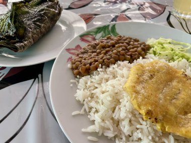 Aerial view of typical indigenous diet in Peruvian Amazon - Juanes, rice, lentils and fried plantain. High quality photo clipart