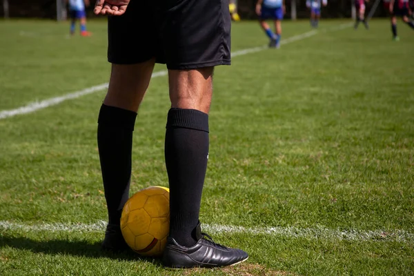 Half body Soccer referee standing back to back with a yellow ball between his legs