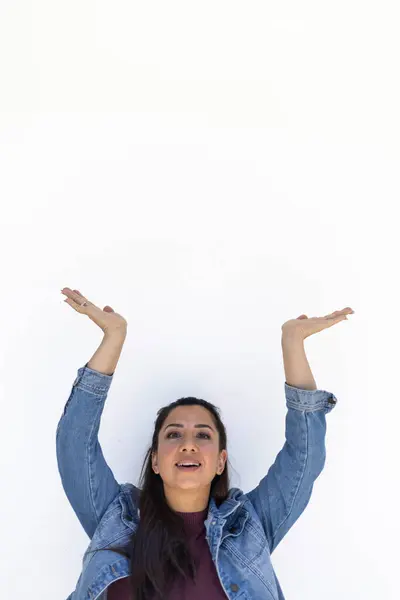 Portrait of entrepreneur and mother smiling and happy pointing with their hands