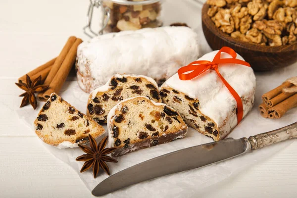Christmas Stollen Traditional German Bread White Wooden Table Festive Dessert — Stock Photo, Image
