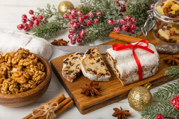 Christmas Stollen Traditional German Bread White Wooden Table Festive Dessert — Stock Photo, Image