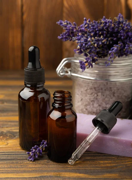 Lavender Flowers Fragrant Sea Salt Essential Oils Concept Spa Beauty — Stock Photo, Image