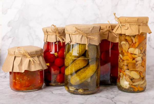 Preservation Vegetables Jars Fermentation Products Harvesting Tomatoes Cucumbers Mushrooms Salads — Stock Photo, Image