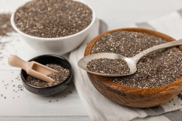 Chia tohumlu kase ve kaşık, yakından. Süper yiyecek. Sağlıklı yiyecekler. Diyet olsun. Düzgün beslenme kavramı. Antioksidan. Metin için yer, kopyalamak için yer.