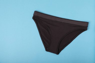 Kadın iç çamaşırı. Mavi arka planda farklı kadın iç çamaşırları. Bir insan için bir parça kıyafet. Yukarıdan bak. metin için yer.