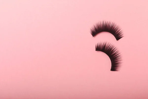 False eyelashes on a pink background. Flatley. Beauty and fashion concept. Eyelash extension. beauty industry. Place for text. Place to copy.