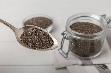 Bowl and spoon with chia seeds on a white wooden table. Superfood. Proper nutrition. Diet. Healthy food. Place for text. Place to copy.
