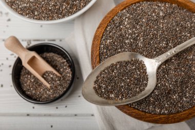 Bowl and spoon with chia seeds on a white wooden table. Superfood. Proper nutrition. Diet. Healthy food. Place for text. Place to copy.