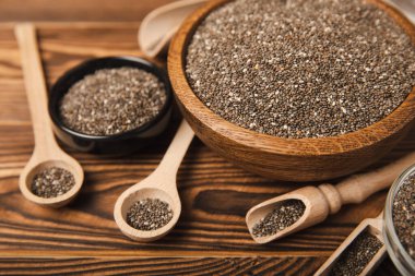 Chia seeds in a bowl and spoons on a brown textural background. Superfood. Proper nutrition. Diet. Healthy food. Place for text. Place to copy.