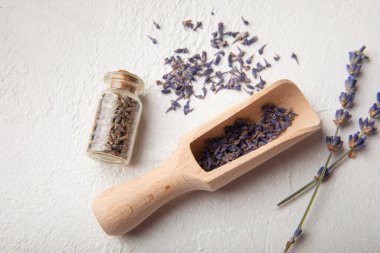 Dried lavender flowers on a textural white background. Decor and aroma flowers.