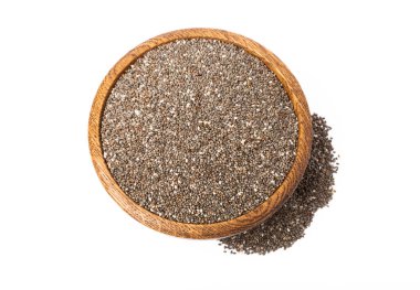 Chia seeds in a bowl isolated on a white background.