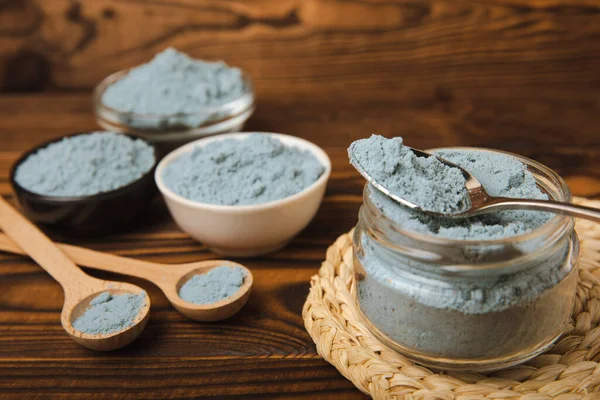 Blue Spirulina Algae Powder Brown Texture Background Diet Detox Concept — 图库照片