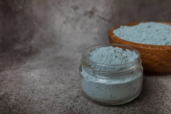 Blue Spirulina Algae Powder Black Marble Background Diet Detox Concept — 图库照片
